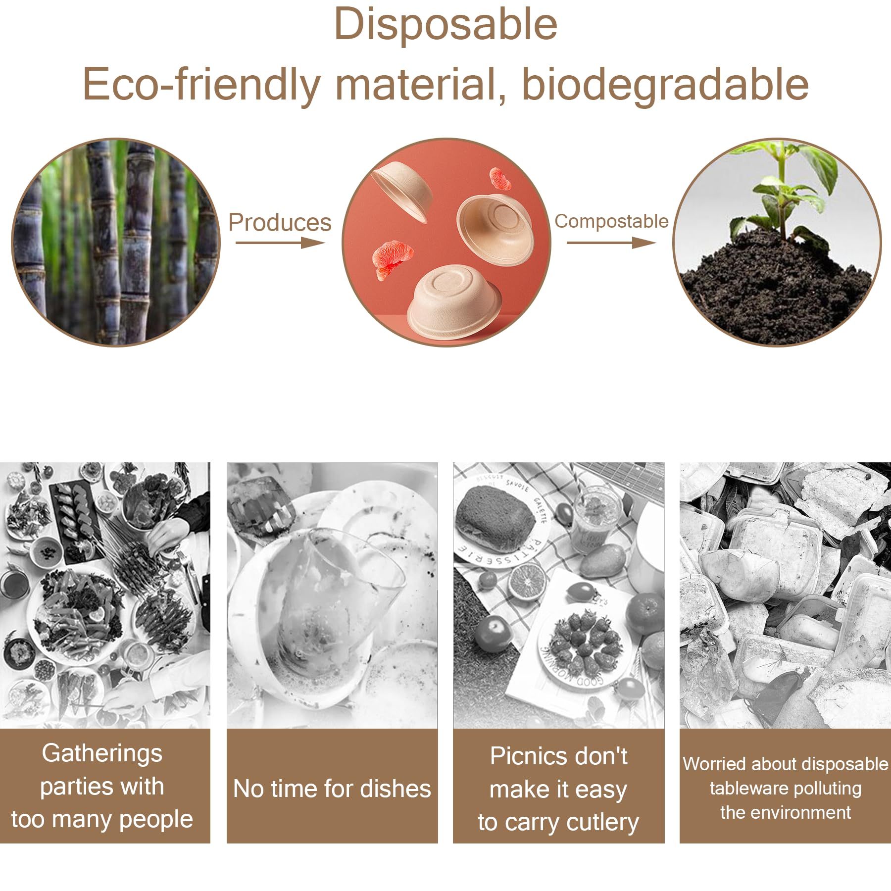 16oz Compostable Paper Bowls,100% Biodegradable Disposable Bowls， Heavy-Duty Soup Bowls，50 Pack Eco-Friendly Salad Bowl for Hot and Cold Food Eco-Friendly Sugarcane Bowls (16oz)