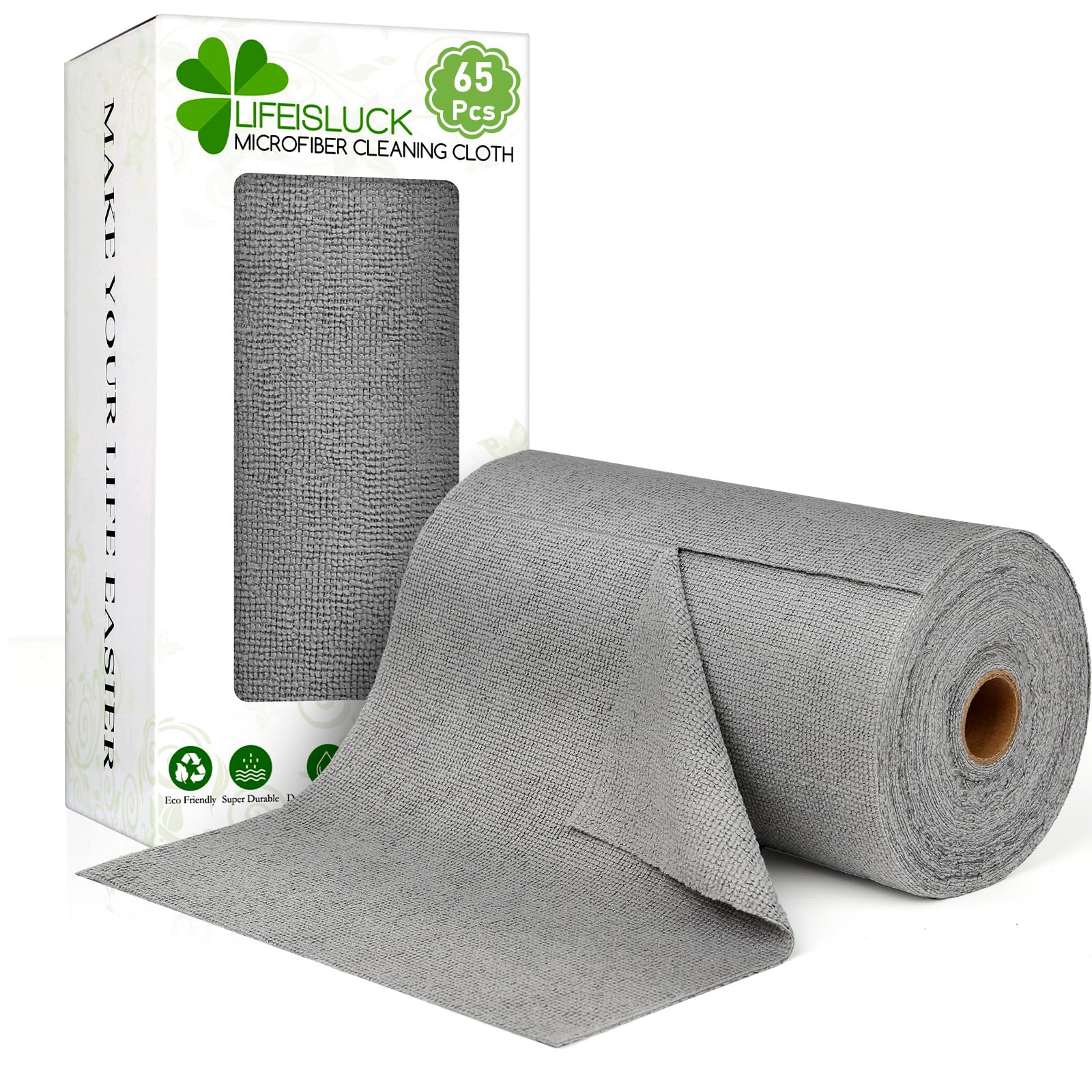 65 Pack of Microfiber Cloths in a Roll, 10" x 10" Reusable Washable Cleaning Rag Tear Away Towels for Auto House Garage Dust Kitchen Bathroom, Lint-Free Not Scratch Cleaning Supplies