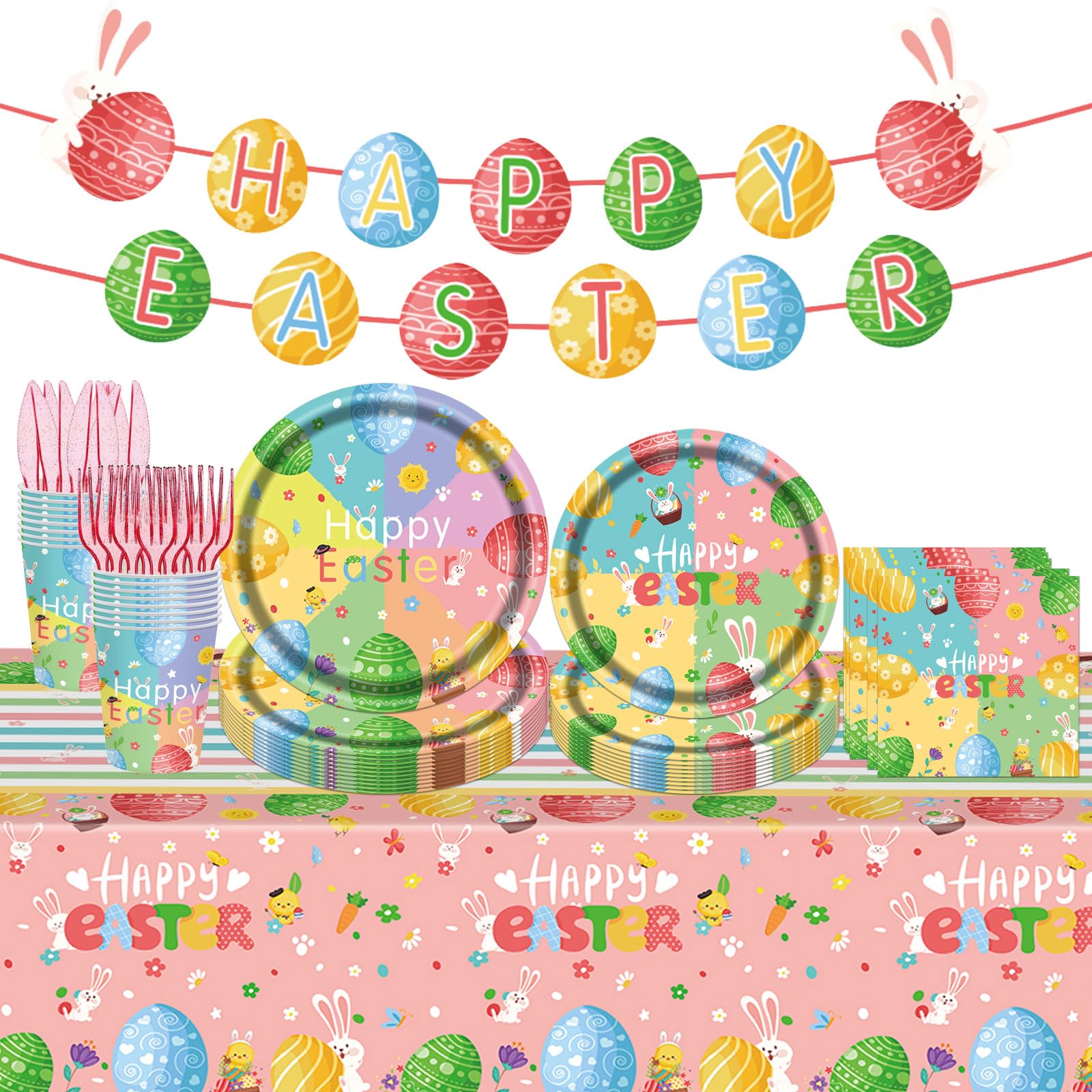 98PCS Easter Party Supplies Happy Easter Paper Plates and Napkins Colorful Easter Bunny Egg Tableware Set Spring Easter Party Decorations Easter Holiday Party Disposable Dinnerware Set for 16 Guests