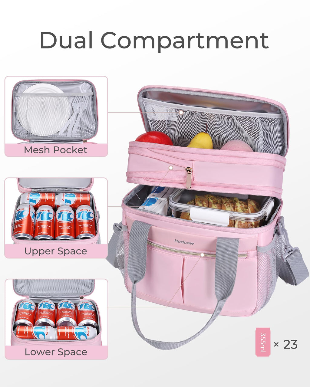 Hedcaw Lunch Box for Women Double Deck Insulated Lunch Bag Women Expandable Leakproof Reusable Lunch Cooler Bag for Work, Office, Picnic, Pink