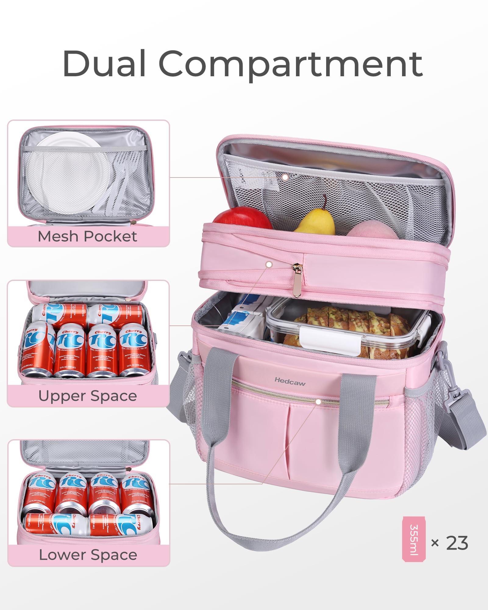 Hedcaw Lunch Box for Women Double Deck Insulated Lunch Bag Women Expandable Leakproof Reusable Lunch Cooler Bag for Work, Office, Picnic, Pink
