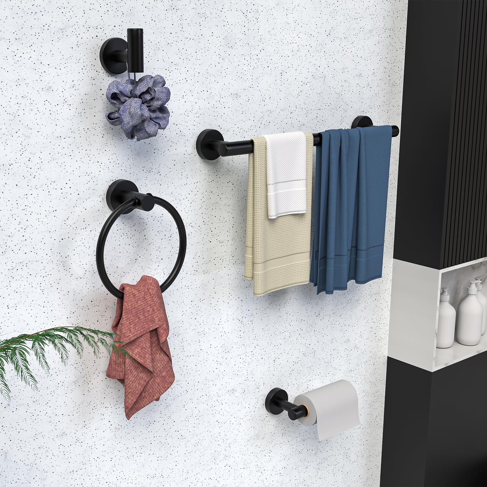 Matte Black Bathroom Accessories 4 Pieces, 16 Inch Stainless Steel Towel Bar Set, Towel Bar, Towel Ring Holder, Toilet Paper Holder, Wall Hook, Black Bathroom Towel Rack Set