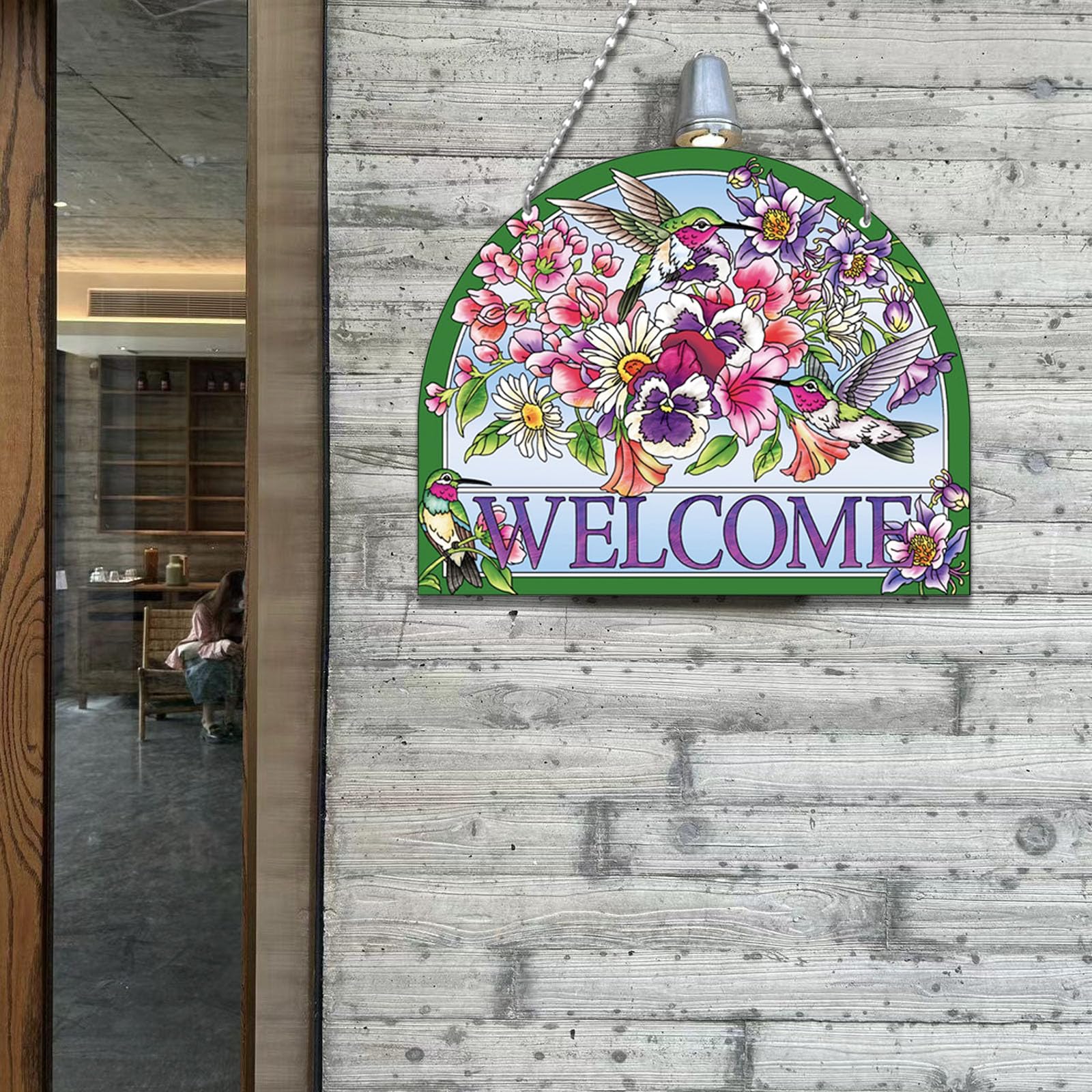 Welcome Hummingbird Sun Catcher - Hummingbird Stained Glass Suncatchers - Welcome Sign Hummingbird Decor, Vibrant Flowers Window Hanging, 7.8’’*6.5’’ Stained Glass Birds with Suction Cup