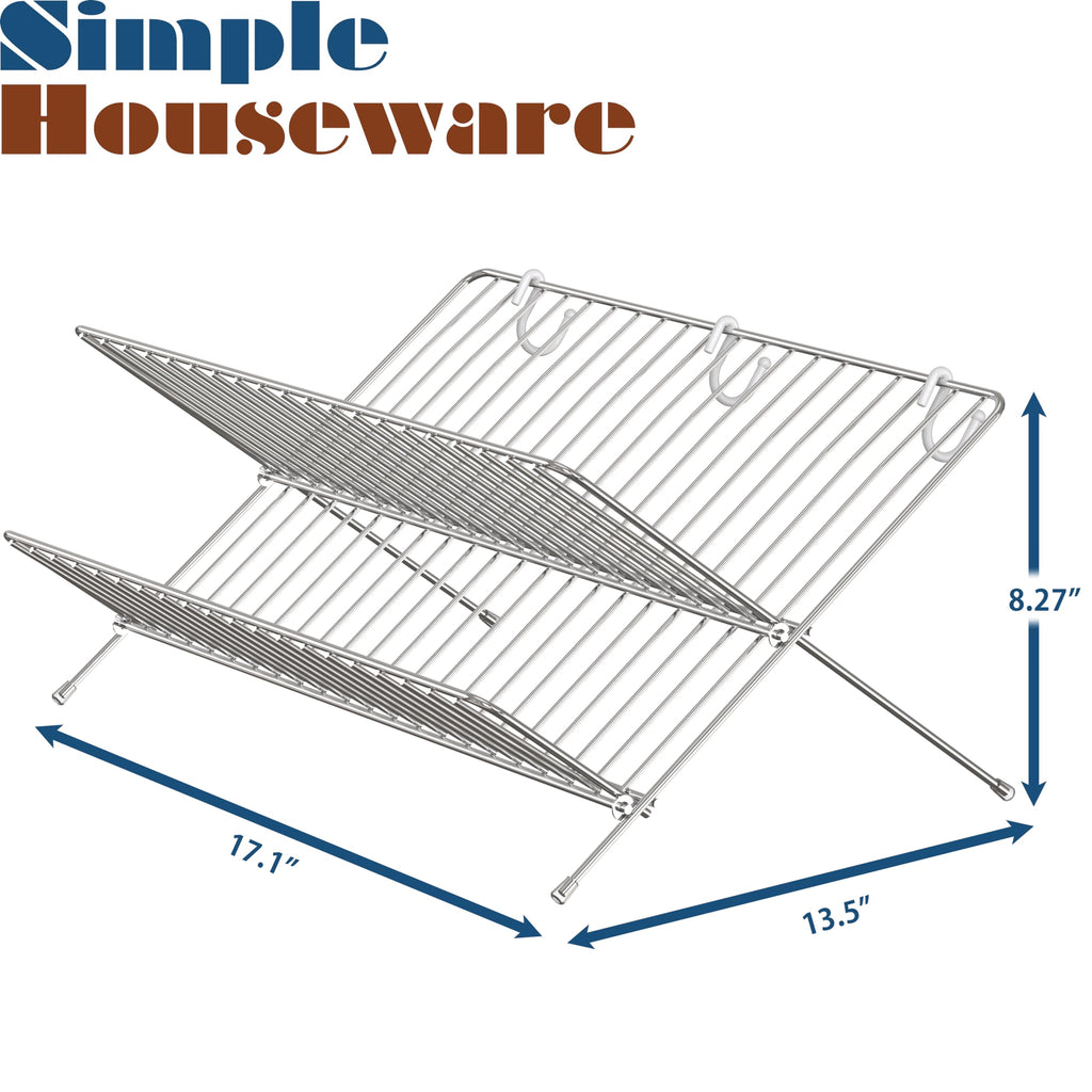 Simple Houseware Folding Dish Drying Rack, 2-Tier Collapsible X-Shape Tableware Drainer for Kitchen Countertop and Compact Storage, Chrome