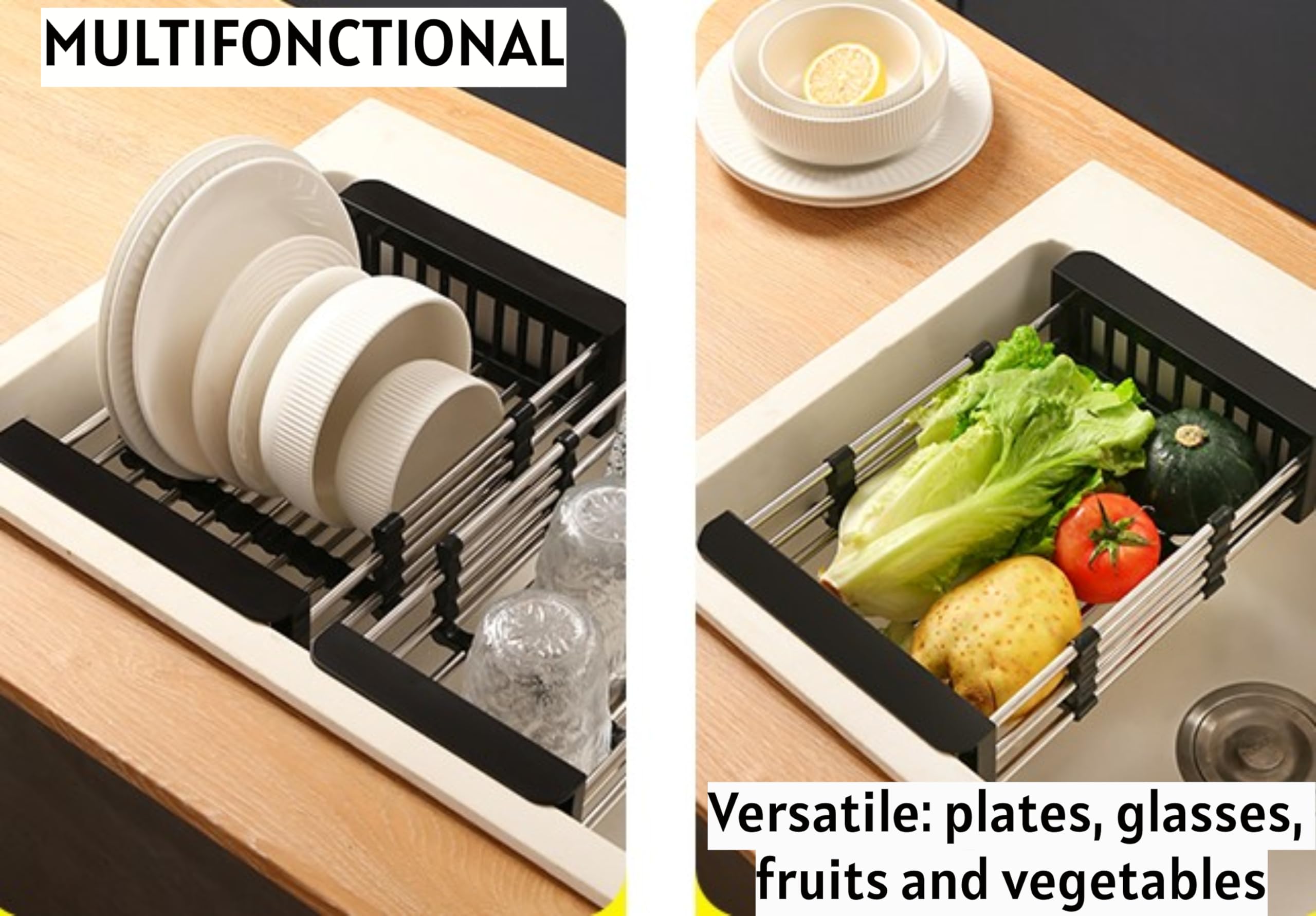 Over-Sink Dish Drying Rack, Expandable Stainless Steel, Non-Slip Kitchen Drainer