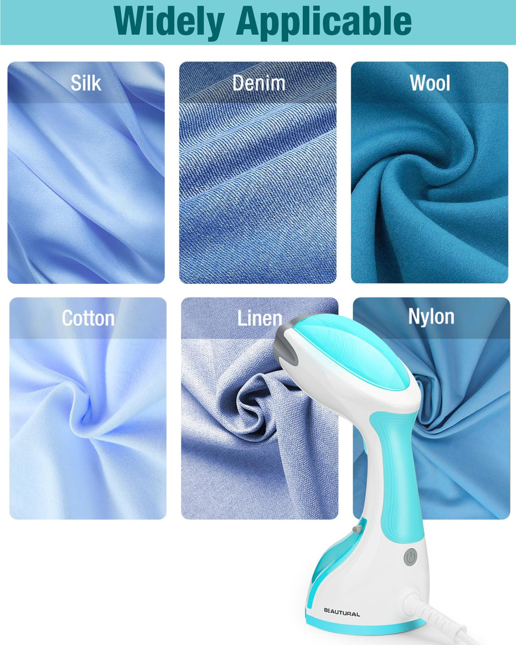 BEAUTURAL 1200-Watt Handheld Steamer for Clothes, 30-Second Heat-up, 8.79-Ounce Water Tank, Aqua