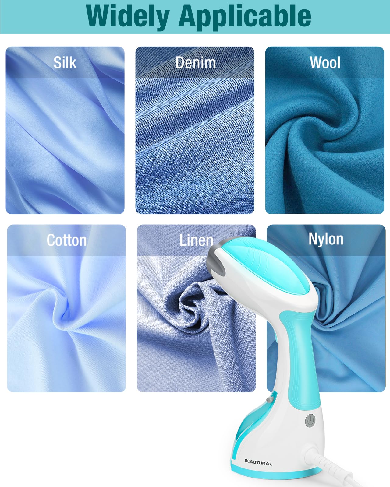 BEAUTURAL 1200-Watt Handheld Steamer for Clothes, 30-Second Heat-up, 8.79-Ounce Water Tank, Aqua