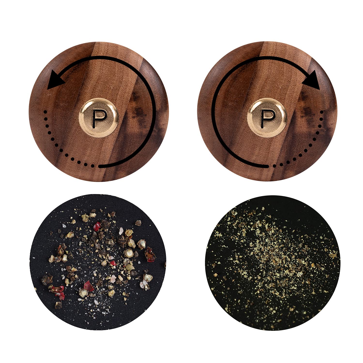 DeroTeno Pepper Grinder, Pepper Mill with Adjustable Stainless Steel, Acacia Wood, 16.5 cm / 6 inch Height, Bottom Dia: 5 cm, Upper Dia: 4.5 cm (Tray is NOT Included)