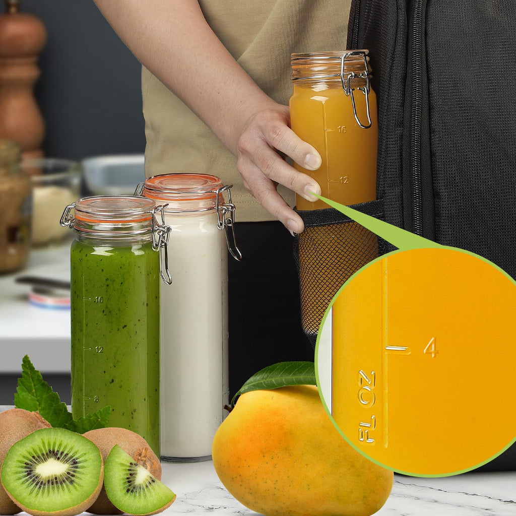 Huichuiero 20 oz(600 ML) Airtight Glass Jars with Lids, Wide Mouth Juicing Bottles with Hinged Lids and Leak Proof Rubber Gasket, Drinking Bottles Perfect for Vanilla Extract, 6 Pack