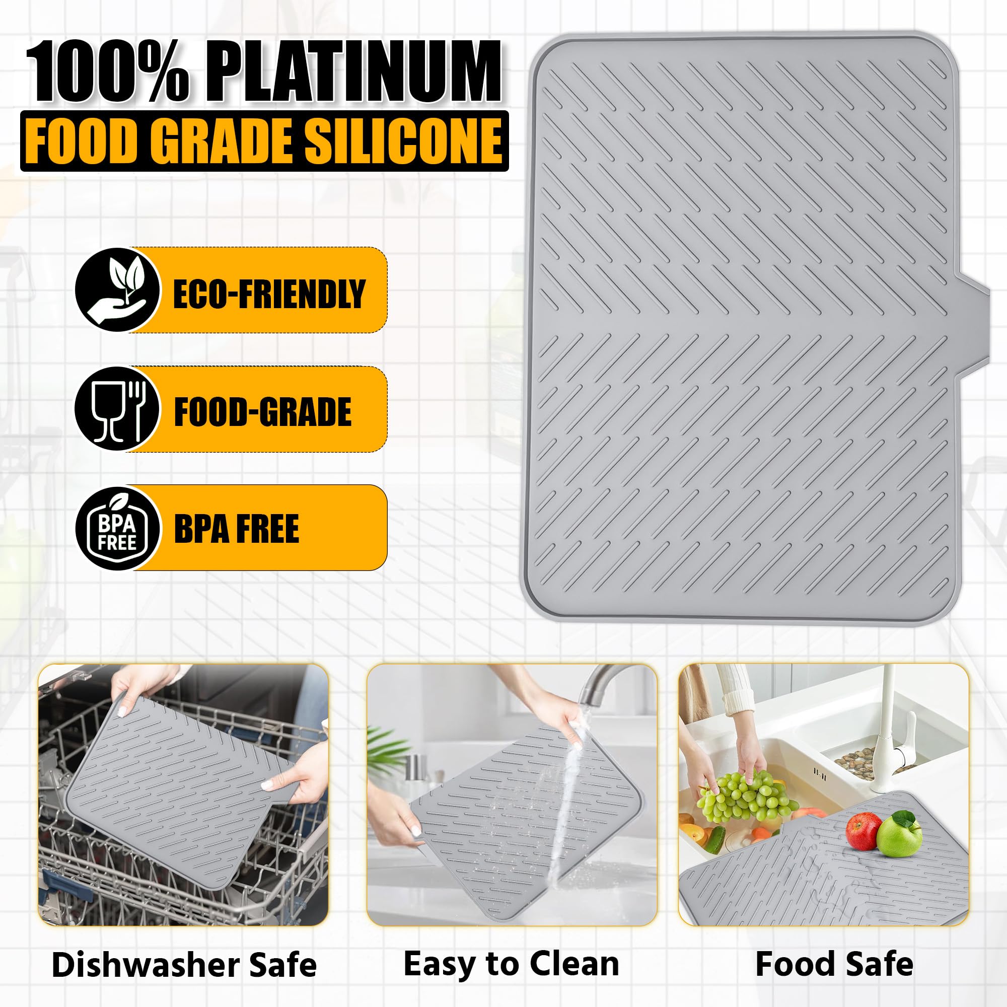 Luxet Silicone Dish Drying Mat with Built-in Drain Lip - Hygienic Drying Pad - Sturdy Compact Easy to Clean Tray Protects Surfaces Prevents Water Build Up - 23 X 17 (Grey)