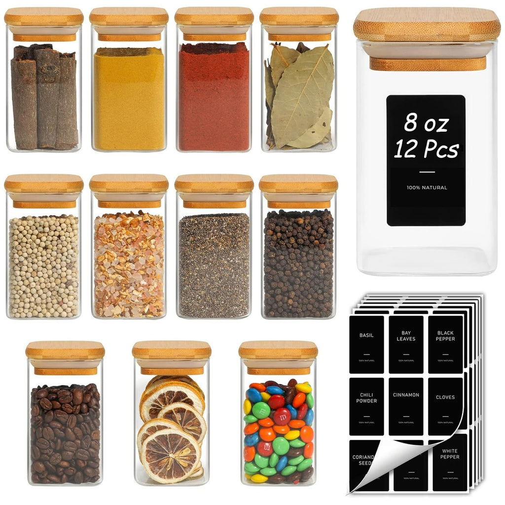 ComSaf 12Pcs Spice Jars with Labels, Glass Jar with Bamboo Lid, 8oz Airtight Square Containers with Black Lables, Empty Seasoning Jars for Spice, Salt, Pepper, Sugar