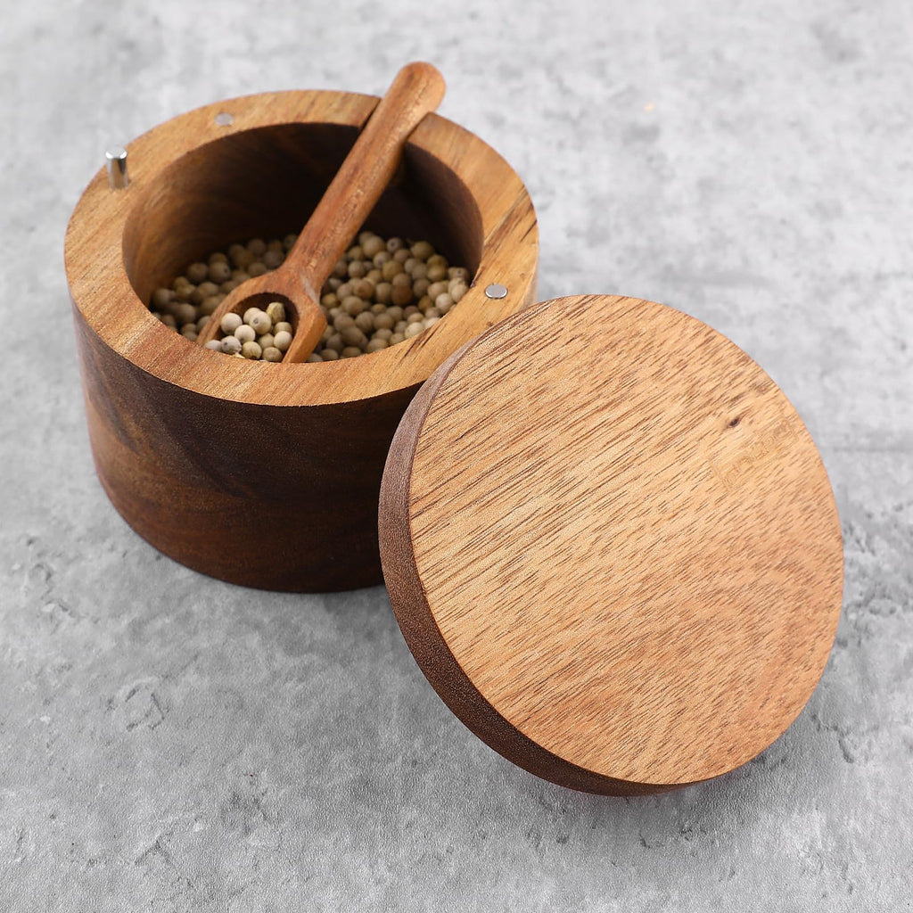 DGYLL Acacia Wood Salt Container with Spoon Keeper Salt Box Spice Storage Box Condiment Pot Sugar Bowl with Spoon and swiveling lid Size: 3.5DIA x 2.5H inch (1pc no Pattern/w Spoon)