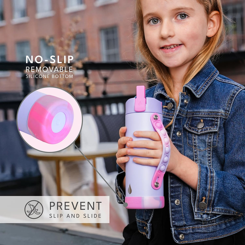 Elemental Iconic Kids Water Bottle for School - Leak-Proof Insulated Water Bottles with Straw Lid & Pop-It Handle for Boys & Girls - Triple Wall BPA-Free & Stainless Steel Bottle, 14oz - Lilac Tie Dye