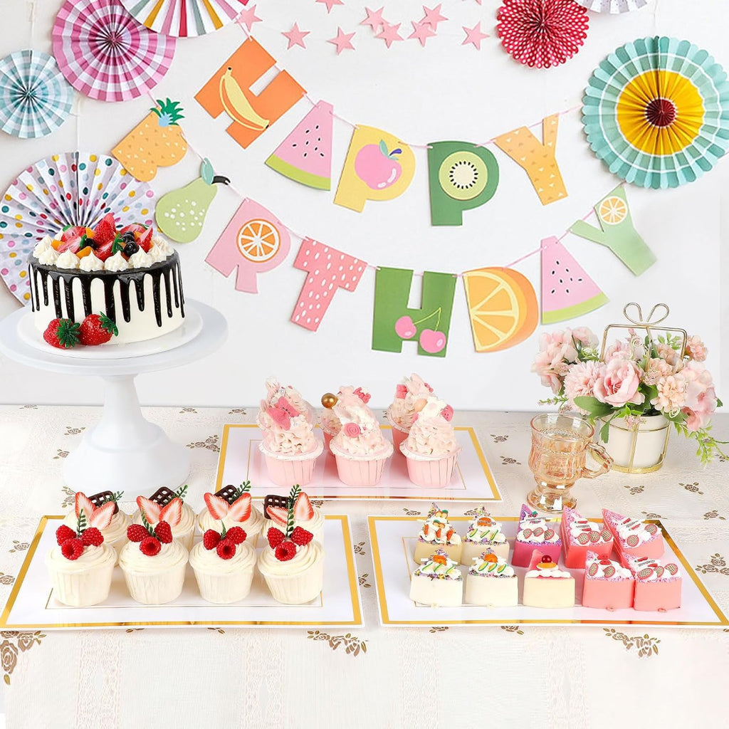 12 Pcs White Plastic Serving Trays with Gold Rim, 14''x9'' Rectangle Dessert Trays for Dessert Table, Disposable Platters Cookie Cupcake Gold Serving Tray for Birthday Party Wedding