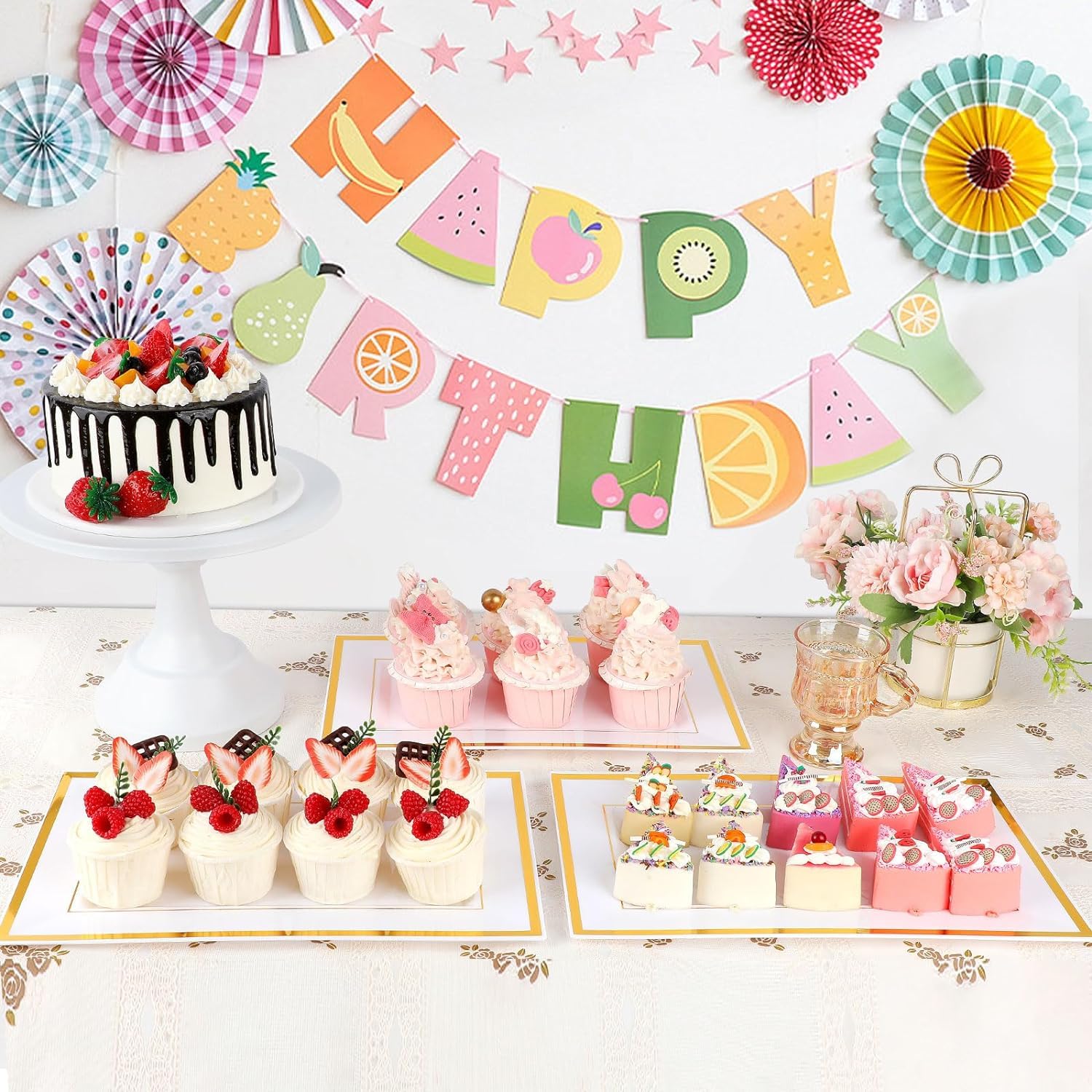 12 Pcs White Plastic Serving Trays with Gold Rim, 14''x9'' Rectangle Dessert Trays for Dessert Table, Disposable Platters Cookie Cupcake Gold Serving Tray for Birthday Party Wedding