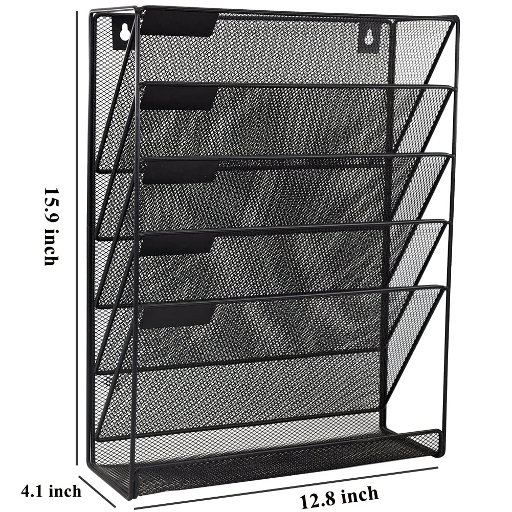 EASEPRES Mesh Hanging Wall File Holder Organizer Storage 6-Tier Black Paper Clipboard Rack Vertical Metal Wall Mounted Files Holder Organization for Office Home School, Black