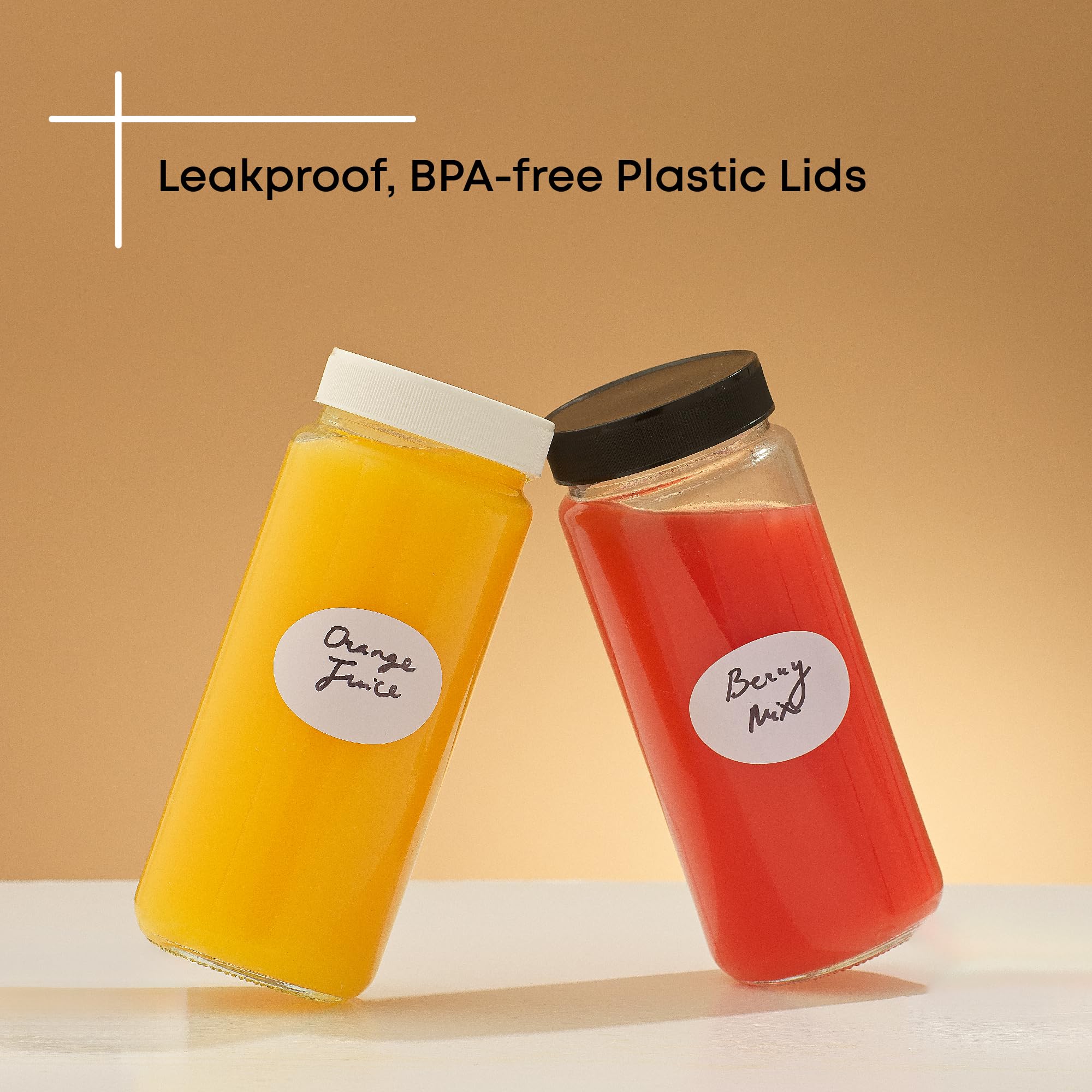 JoyJolt Glass Bottles, 16 oz Set of 8 With Caps and Labels for Fridge. Containers for Juice, Cold Brew, Smoothies