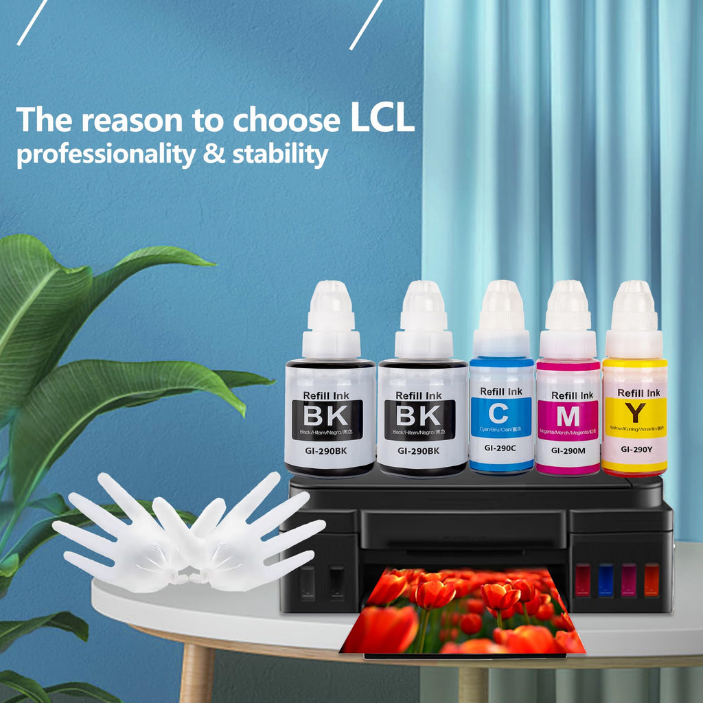 LCL Compatible Ink Bottle for Canon GI290 GI-290 (5-Pack 2Black Cyan Magenta Yellow) for Canon Megatank G3200 G4210 G1000 G1100 G1200, G1310 G1400 G1800 G1810 G1900 G2000 G2100 G2200 G2400 G2800