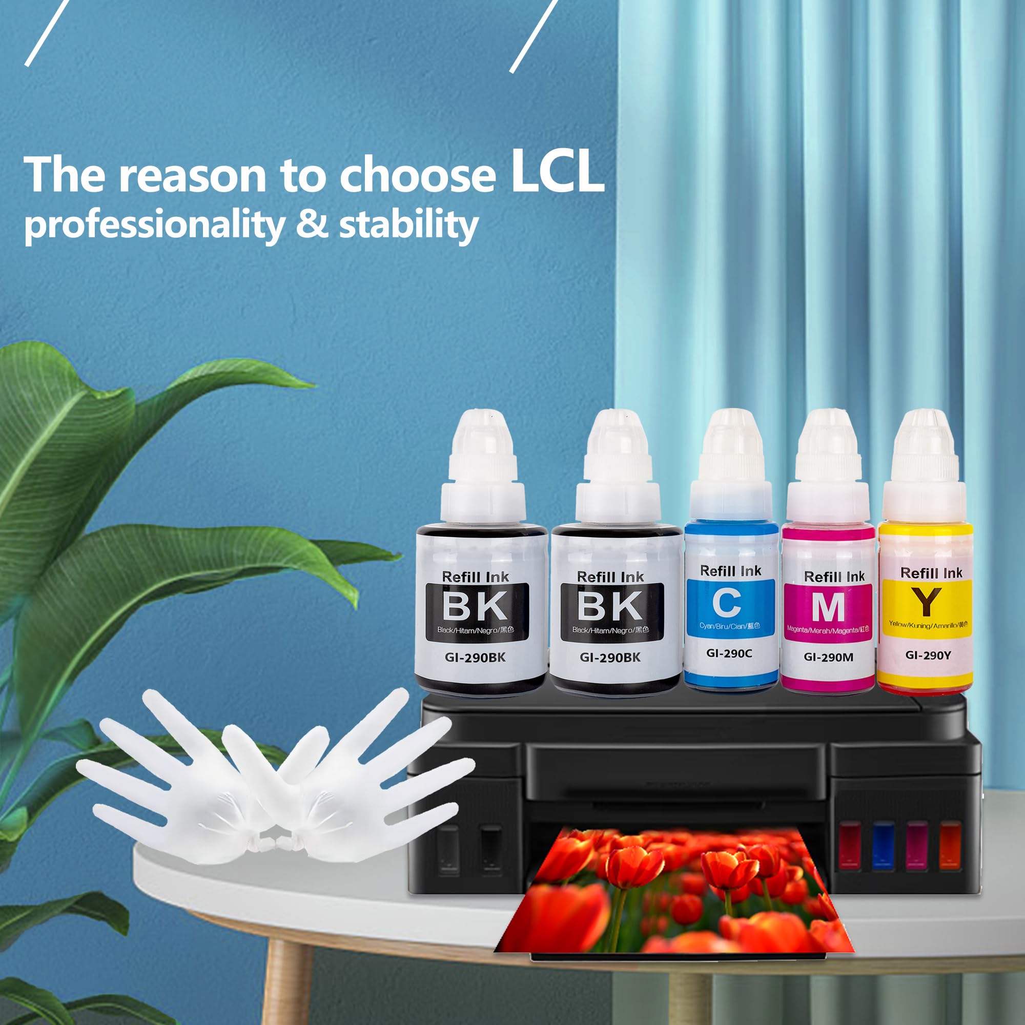 LCL Compatible Ink Bottle for Canon GI290 GI-290 (5-Pack 2Black Cyan Magenta Yellow) for Canon Megatank G3200 G4210 G1000 G1100 G1200, G1310 G1400 G1800 G1810 G1900 G2000 G2100 G2200 G2400 G2800