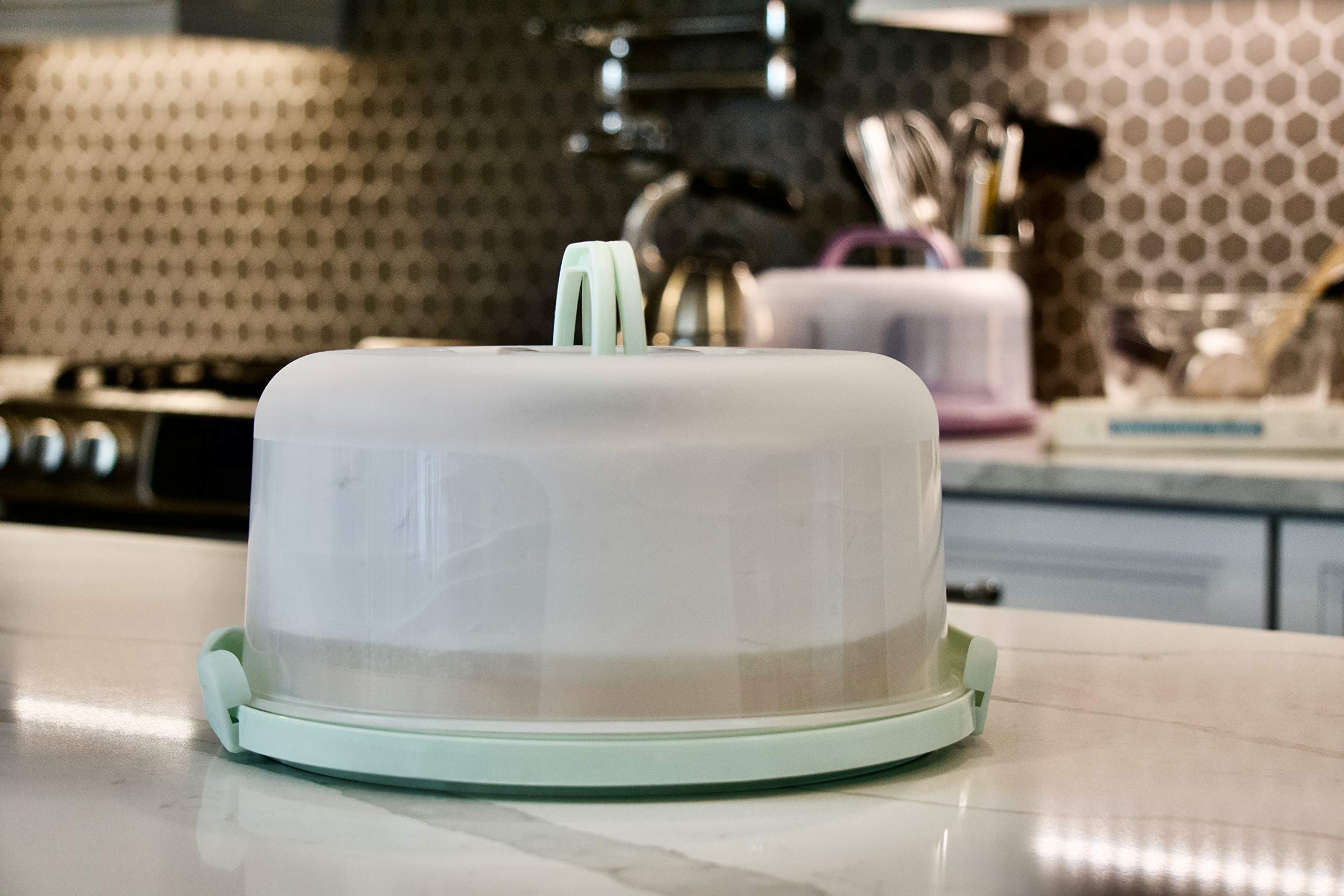 Top Shelf Elements Cake Carrier, Two sided Cake Holder Serves as Five Section Serving Tray, Portable Cake Stand Fits 10 inch Cake, Cake Box Comes With Handle, Stand Holds Pies (Seafoam Green)