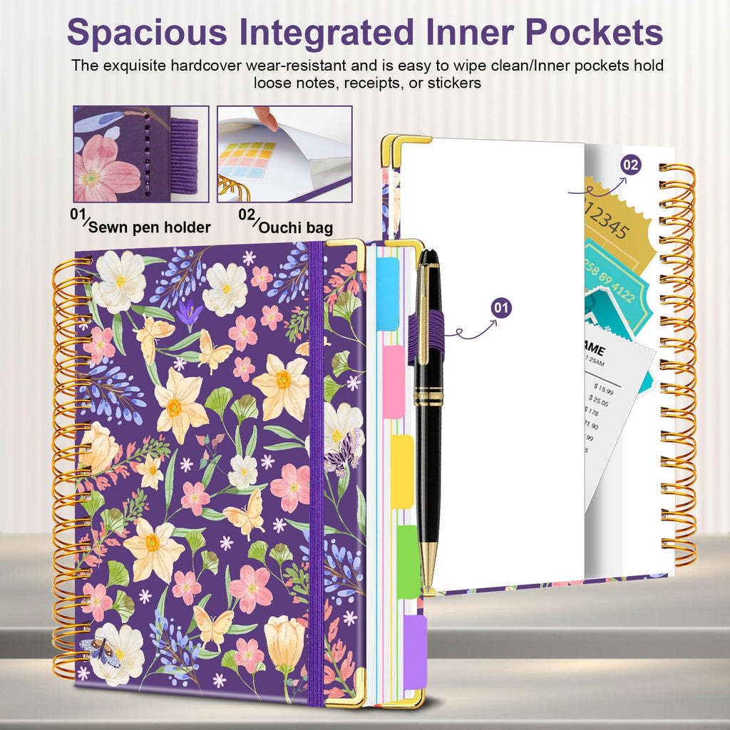Spiral Journal Notebooks for Work, 300 Pages 5 Subject Notebook College Ruled with Dividers & Tabs, Notebook Journal for Women Students Note-Taking and Organizer (Purple Floral, B5(8"x10"))