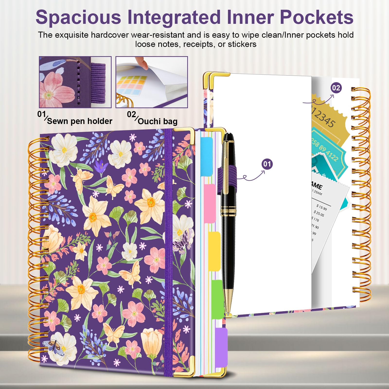 Spiral Journal Notebooks for Work, 300 Pages 5 Subject Notebook College Ruled with Dividers & Tabs, Notebook Journal for Women Students Note-Taking and Organizer (Purple Floral, B5(8"x10"))