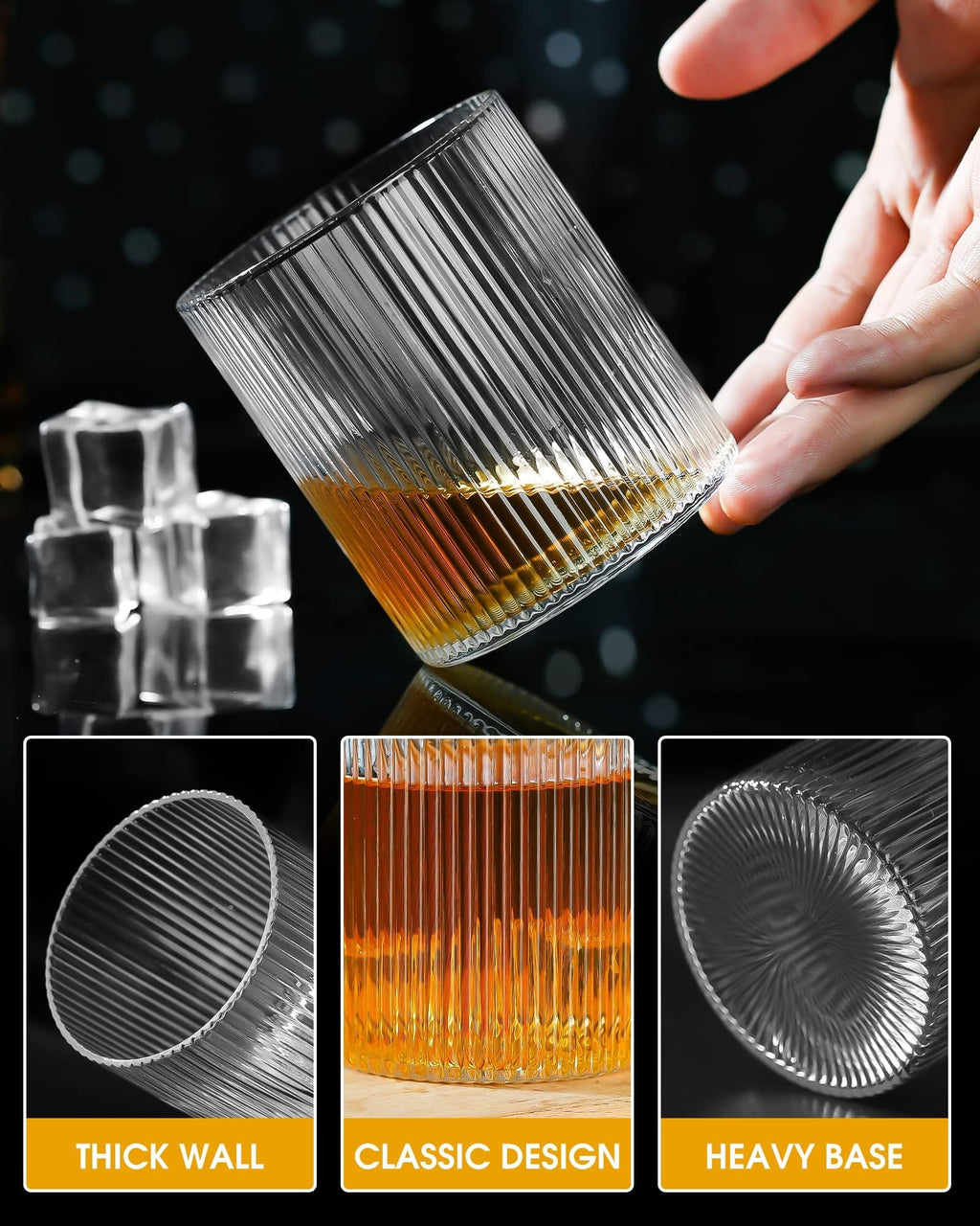 QCKNSO Drinking Glasses Set of 6, 10 oz Ribbed Drinking Glasses, Vintage Glassware Set Cocktail Glass for Water,Beverage,Wine, Cute Glass Cups, Iced Coffee Cup