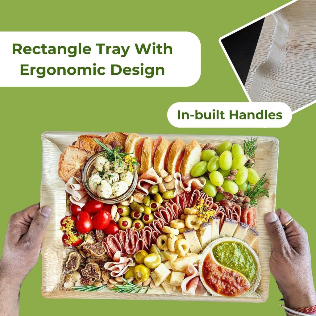 Dtocs Disposable Charcuterie Boards 14x10 Inch (10 Pcs) | Wooden Serving Tray Look Palm Leaf Platters for Food Appetizers, Parties, Catering | Microwavable Serving Platters Alt to Paper, Bamboo