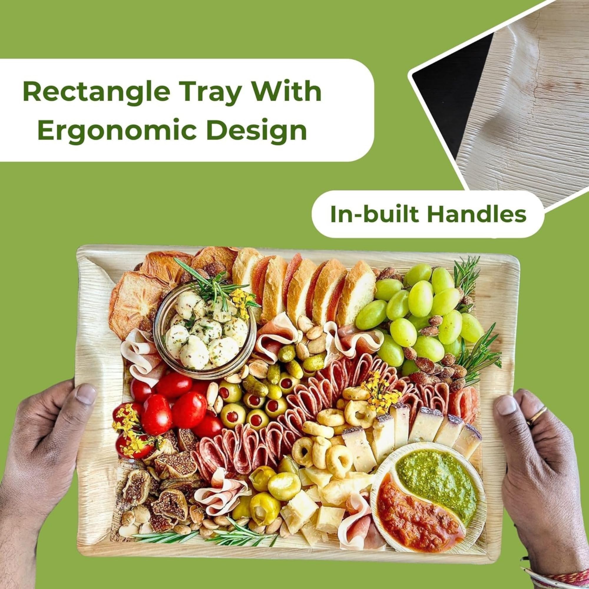 Dtocs Disposable Charcuterie Boards 14x10 Inch (10 Pcs) | Wooden Serving Tray Look Palm Leaf Platters for Food Appetizers, Parties, Catering | Microwavable Serving Platters Alt to Paper, Bamboo
