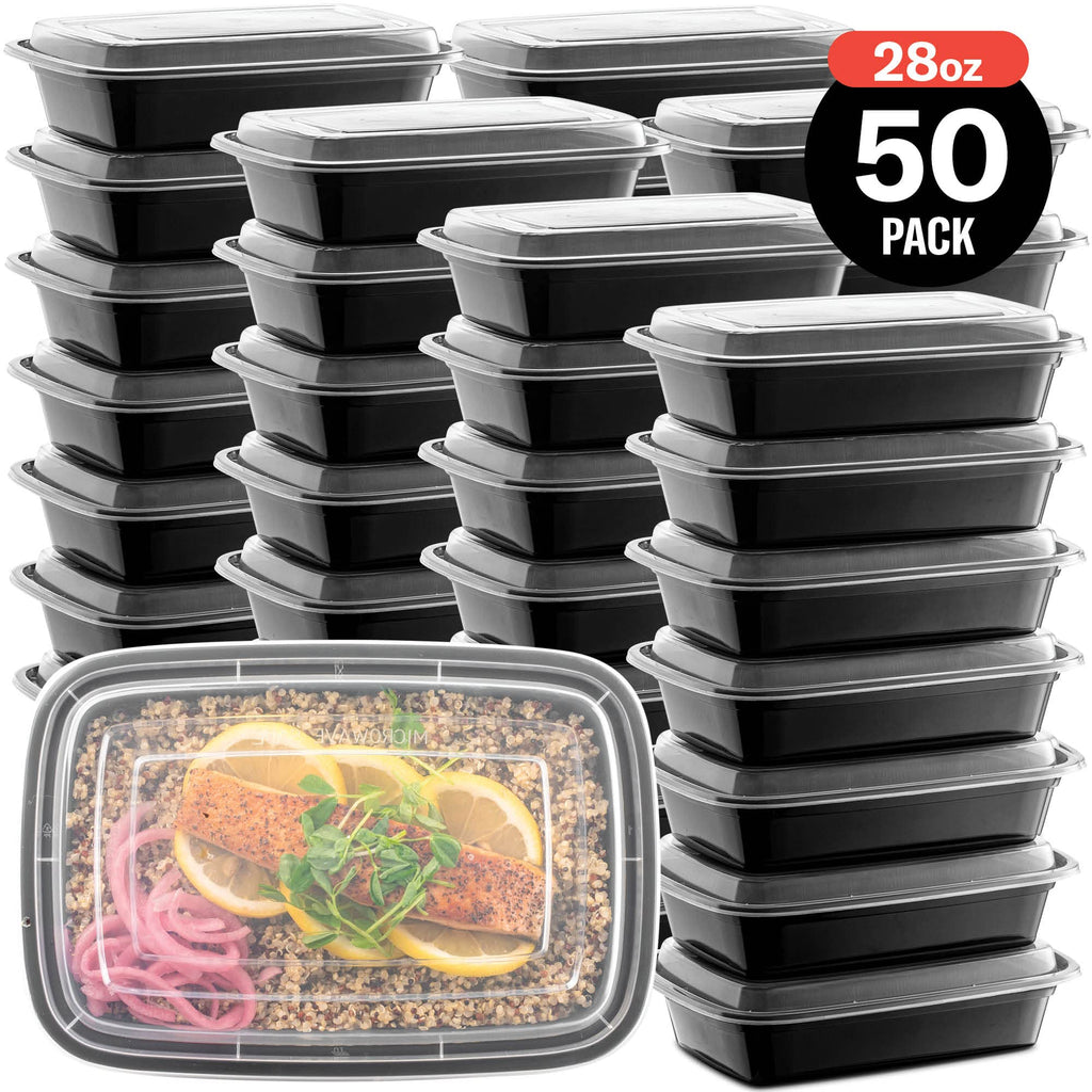 50-Pack Meal Prep Plastic Microwavable Food Containers for Meal Prepping with Lids 28 oz. 1 Compartment Black Rectangular Reusable Storage Lunch Boxes -BPA-Free Food Grade -Freezer & Dishwasher Safe