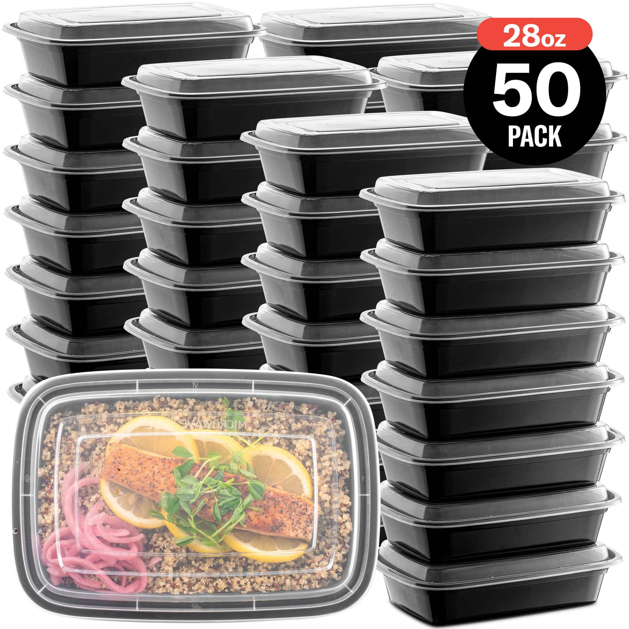 50-Pack Meal Prep Plastic Microwavable Food Containers for Meal Prepping with Lids 28 oz. 1 Compartment Black Rectangular Reusable Storage Lunch Boxes -BPA-Free Food Grade -Freezer & Dishwasher Safe