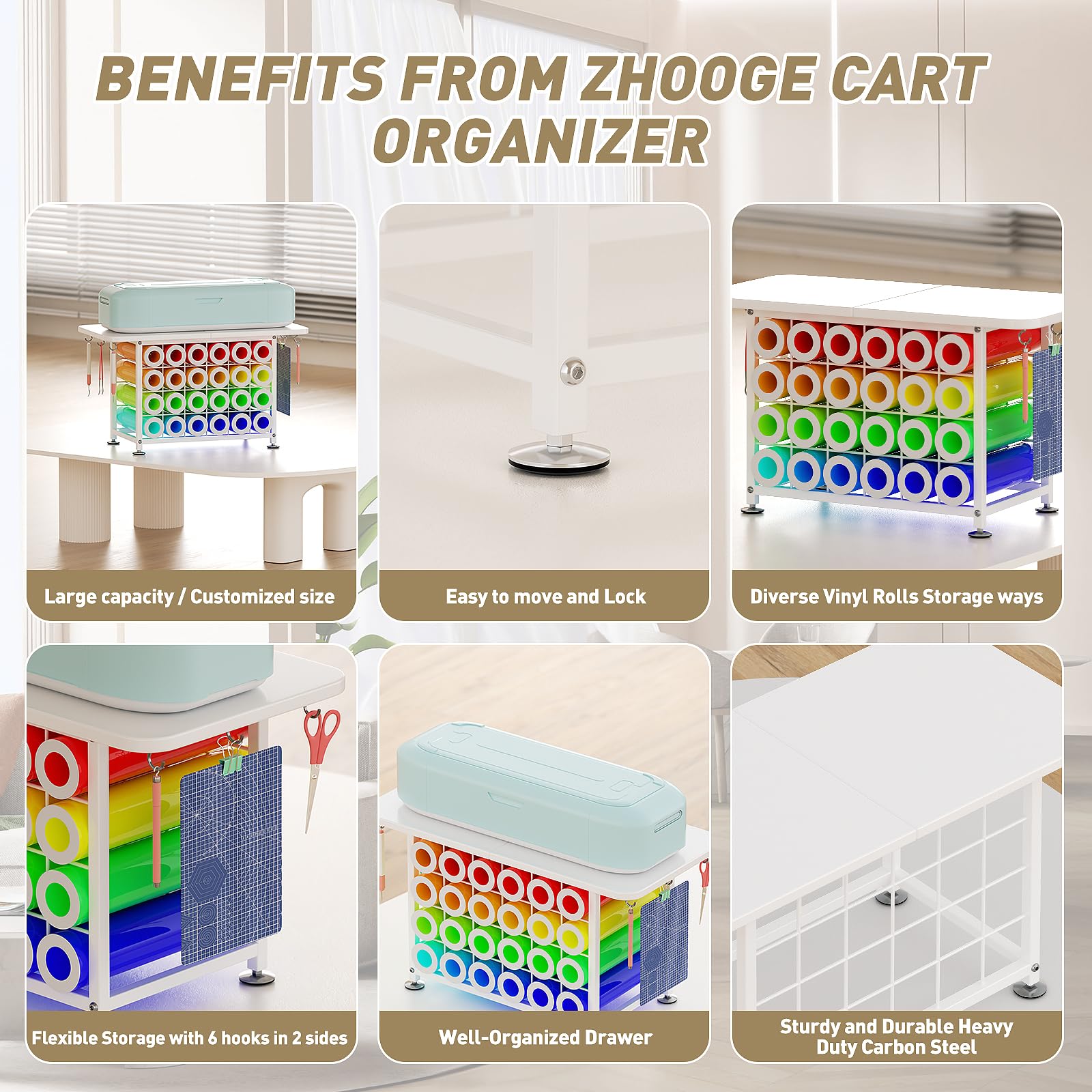 ZHOOGE Small Craft Organizers and Storage Compatible with Cricut Machines Craft Table Storage with 24 Vinyl Roll Holders, Crafting Cabinet Workstation Tool Holder for Craft Room Home Office