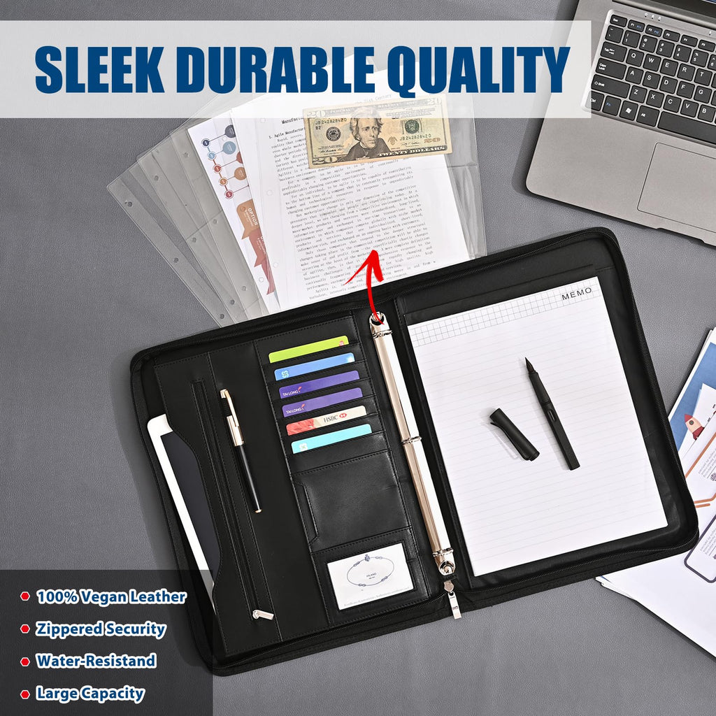 Deziliao 3-Ring Padfolio Portfolio Binder Organizer, Document Organizer Folio, 10.4 Inch PU Leather Business Portfolio with Zipper, Business Planner Notebook Organizer for Women/Men（Black） D00070