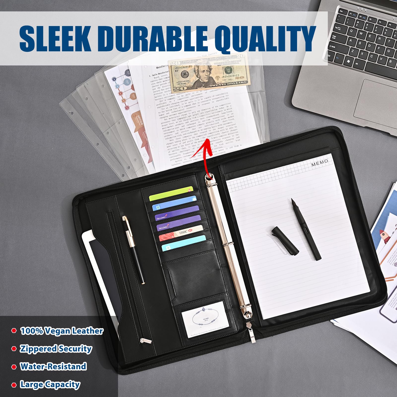 Deziliao 3-Ring Padfolio Portfolio Binder Organizer, Document Organizer Folio, 10.4 Inch PU Leather Business Portfolio with Zipper, Business Planner Notebook Organizer for Women/Men（Black） D00070