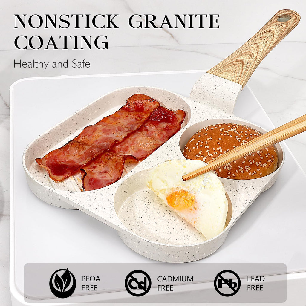 GiPP Ceramic Non Stick Egg Pan, 3-in-1 Divided Breakfast Omelette Frying Pan, 7.9" with Heat-Resistant Handle, Compatible with All Stove Tops, PFOA/POFS/PTFE Free, White