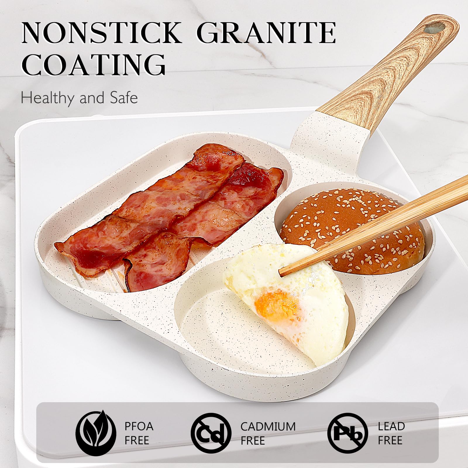 GiPP Ceramic Non Stick Egg Pan, 3-in-1 Divided Breakfast Omelette Frying Pan, 7.9" with Heat-Resistant Handle, Compatible with All Stove Tops, PFOA/POFS/PTFE Free, White