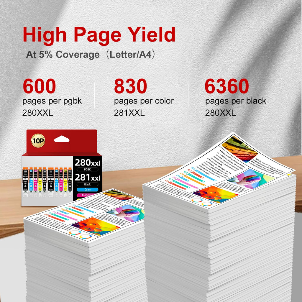 [10 Pack] 280XXL 281XXL Compatible Ink Cartridge Replacement for Canon 280 281 PGI-280XXL CLI-281XXL Work with Pixma TR8620a TR7620a TR8620 TR8520 TR7020a TS702 TR7520 TS9520 TS9120 Printers