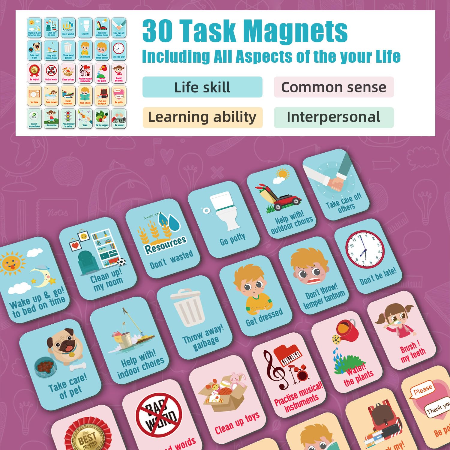 Magnetic Behavior/Star/Reward Chore Chart, Responsibility Chart Board with Full Magnet Backing for Fridge 17.3 * 11.8inch (Pink)