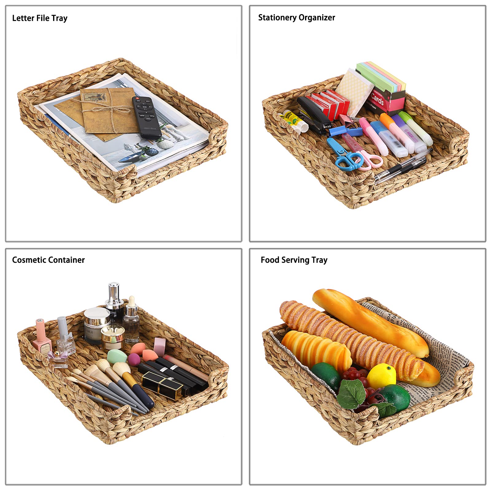 BTSKY Natural Water Hyacinth Woven Paper Letter Tray Desktop File Organizer Document Holder File Tray Magazine Stationery Storage Organizer，Multifunctional Hand Wove Rattan Serving Tray for Food