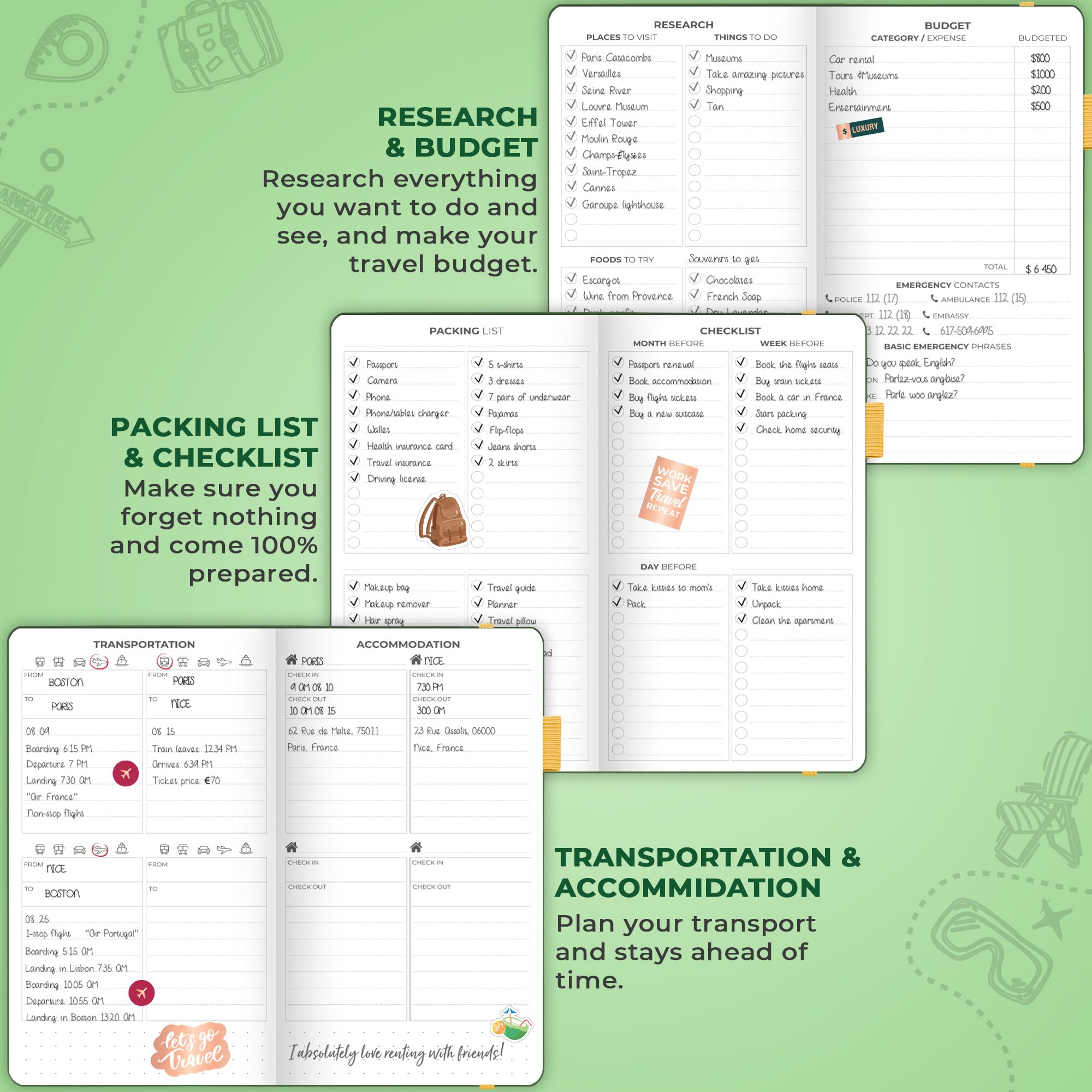 Clever Fox Travel Journal – Vacation Planner with Budget Plan, Packing List, Expense Tracker & Trip Journal – Travelling Itinerary Organizer for Women, Men & Couples – A5 Size, Hardcover - ForestGreen