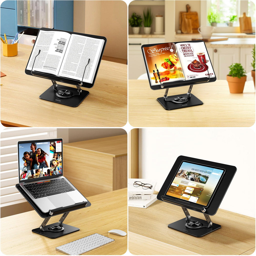 BESIGN BS02 Book Stand for Reading, Adjustable Book Holder, Ergonomic Laptop Stand with Elastic Page Clips for Music Scores, Recipe, Tablet, Laptop (Black)