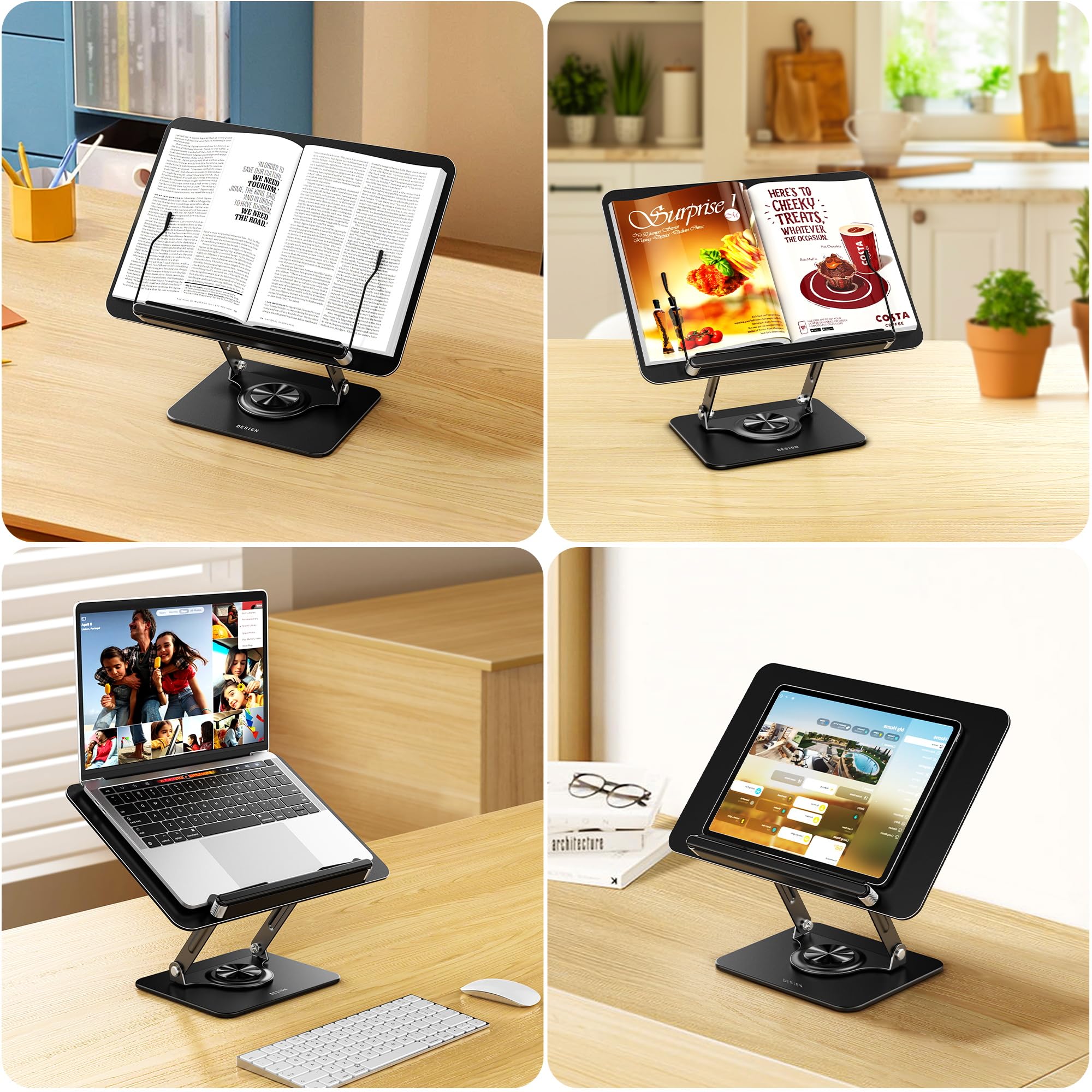 BESIGN BS02 Book Stand for Reading, Adjustable Book Holder, Ergonomic Laptop Stand with Elastic Page Clips for Music Scores, Recipe, Tablet, Laptop (Black)