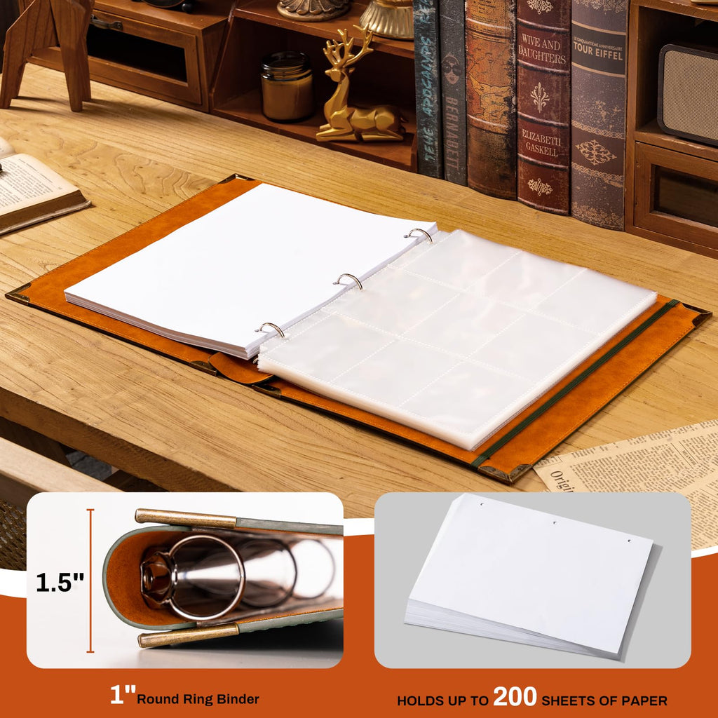 Ovesmusl Leather 3 Ring Binder 1 Inch Round Ring Binder Holds 200 Sheets 8.5"x11" Letter Size Paper, Wedding Family History Notebook Cover Loose Leaf Organizer, Black