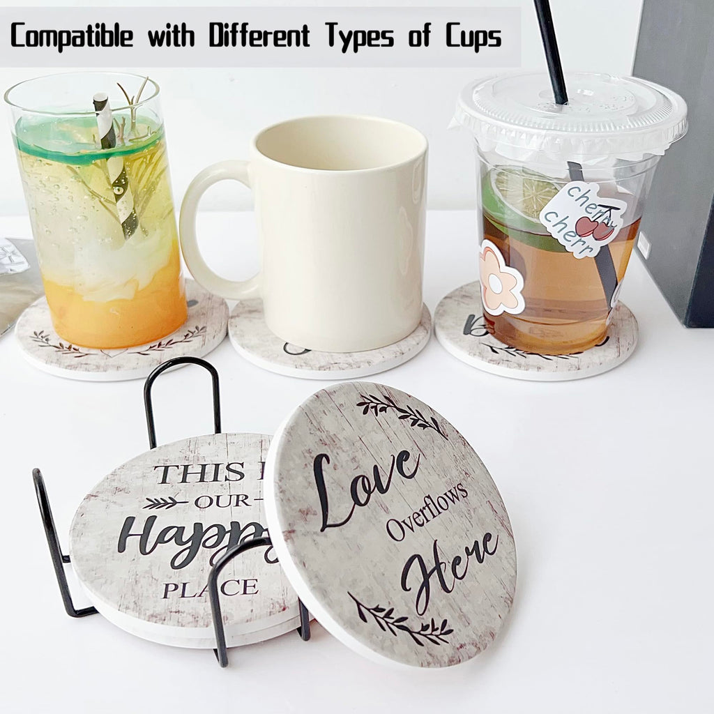 Valdivia 6 Pcs Ceramic Drink Coasters with Blessing Verses, White Marble Style Absorbent Stone Cork Base - 4 Inches Coasters & Metal Holder for Coffee Table, Home Decor Housewarming Gifts
