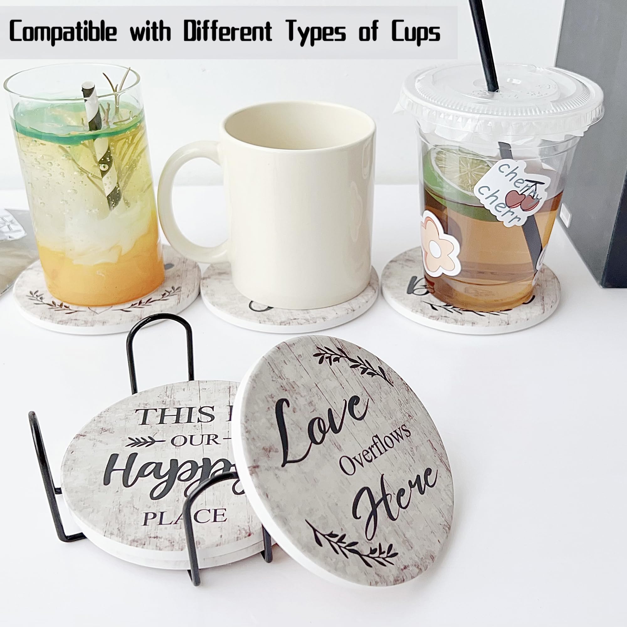 Valdivia 6 Pcs Ceramic Drink Coasters with Blessing Verses, White Marble Style Absorbent Stone Cork Base - 4 Inches Coasters & Metal Holder for Coffee Table, Home Decor Housewarming Gifts