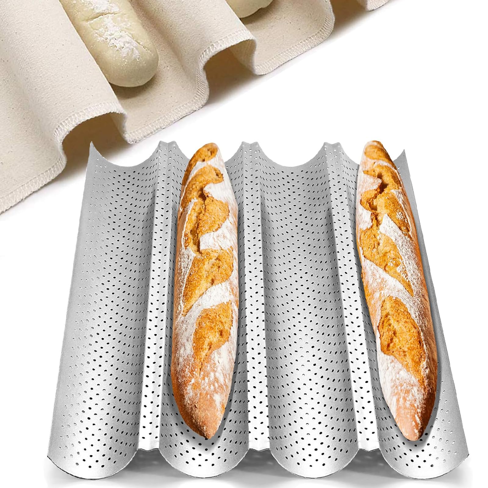 Feishiong French Baguette Bread Pan,with Professional Proofing Cloth, 15"X 13" Non-Stick French Bread pan, 4 Wave Loaves Loaf Baguette pan for Baking Toast Perforated Bakers Molding