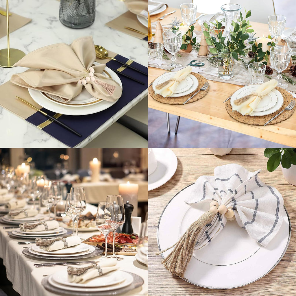 12 pcs Wood Bead Elastic Farmhouse Napkin Rings with Tassel,Elastic Napkin Rings for Wedding Party Home Decoration, Napkin Holders for Dinner Table Decor