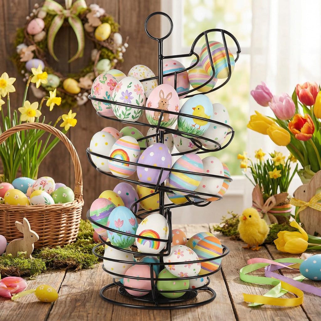 QUTREY Black Metal Egg Skelter, Spiral Design Egg Dispenser Rack Holder with Storage Basket for Countertop, Kitchen