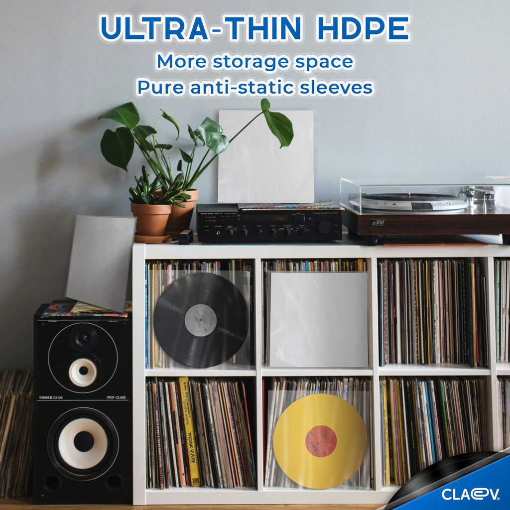 100 Anti Static Inner Record Sleeves for Vinyl LP Records - 12 inch/30 cm, Square, Translucent - Album Record Protective Plastic Covers for Storage - by Claev
