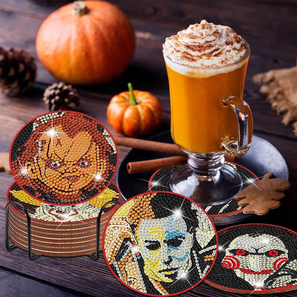 Lukinuo 8pcs Diamond Painting Coasters Kit with Holder Cork Base DIY Halloween Coaster Diamond Art Kit Full Drill Rhinestone Painting Kits for Beginners Adults Kids Art Craft Halloween Supplies